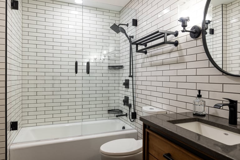 black and white elongated subway tile in bathroom remodel